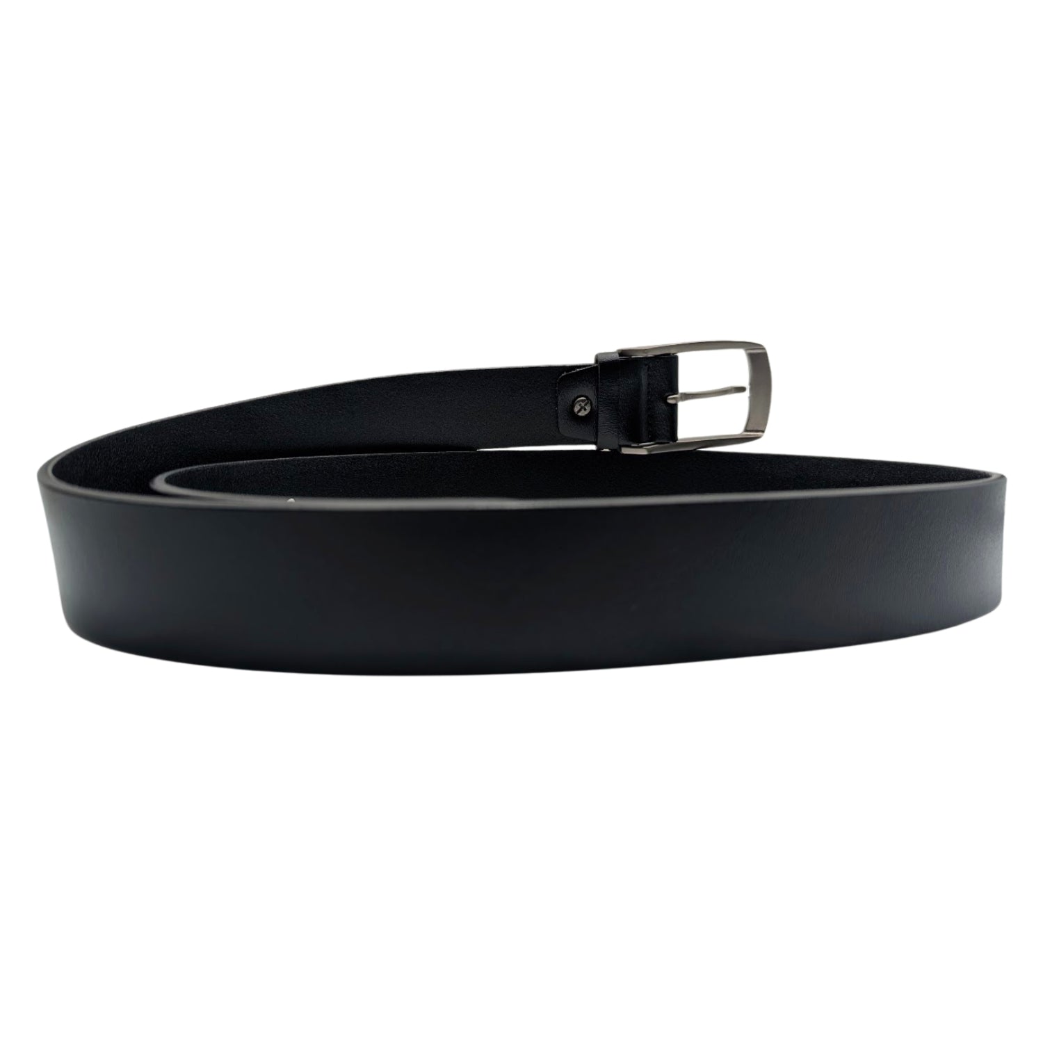 Angled view of men's black unstitched leather belt