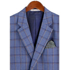 Close-up detail of blue windowpane plaid wool-feel fabric pattern