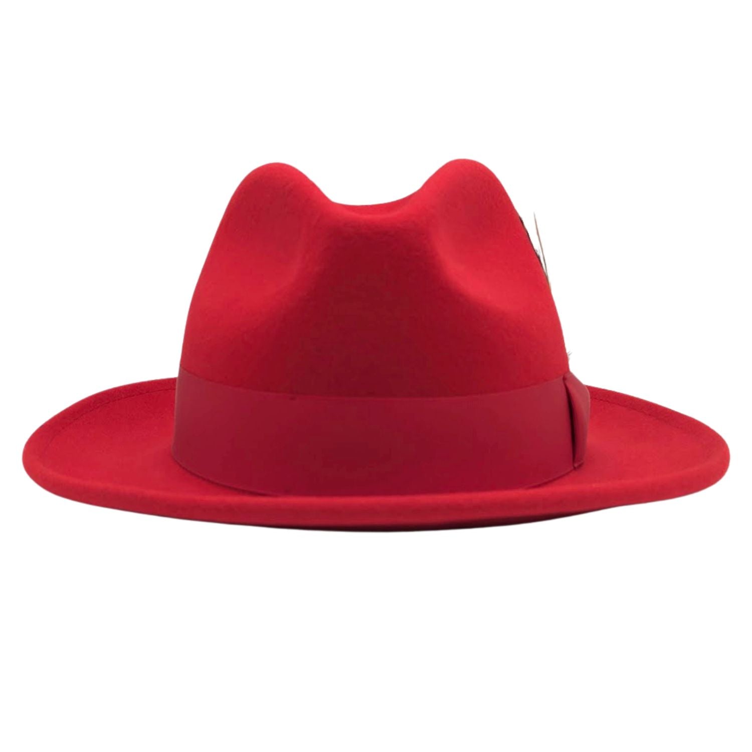 red Montique wool felt fedora hat front view with matching white ribbon bow, feather accent, and wide brim