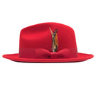 red Montique wool felt fedora hat side view with matching white ribbon bow, feather accent, and wide brim