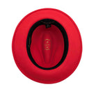red Montique wool felt fedora hat interior view with black sweatband, branded crown lining, and wide brim