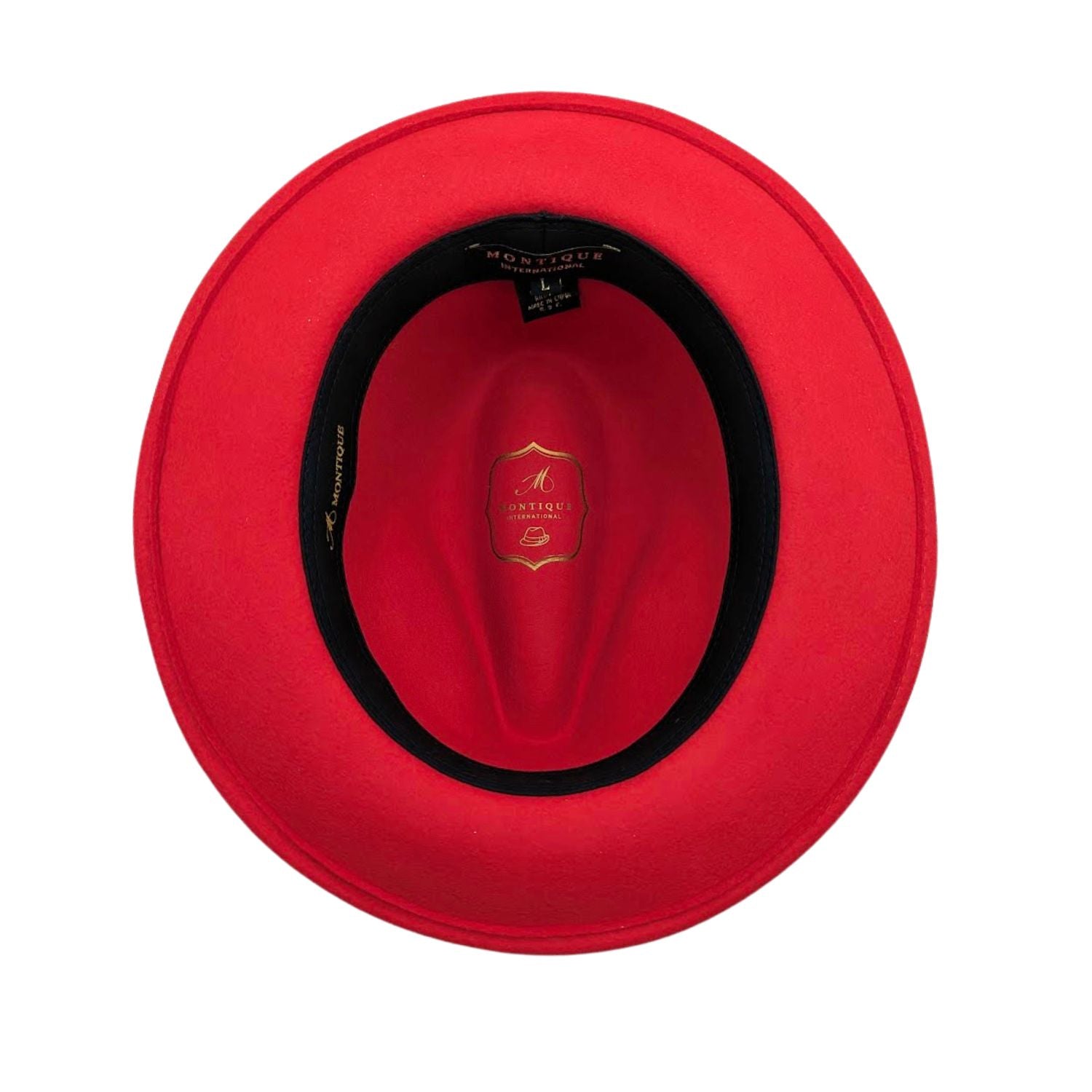red Montique wool felt fedora hat interior view with black sweatband, branded crown lining, and wide brim