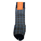 side view of grey and blue windowpane plaid dress socks