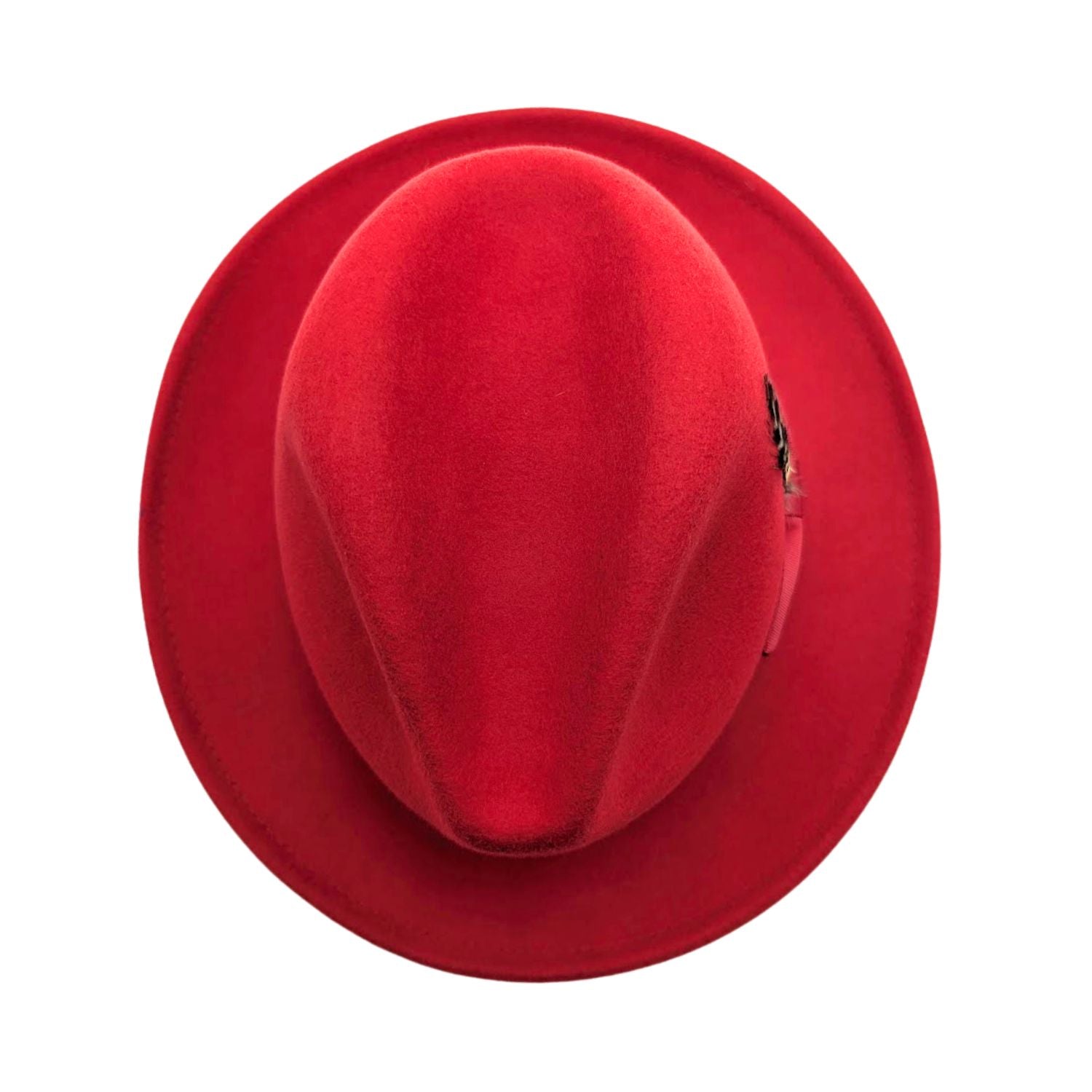 red wool felt fedora hat top view with pinched crown, smooth felt texture, wide brim, and feather detail on the side
