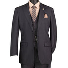 Close-up view of men's heather gray suit fabric, vest, and tailoring details