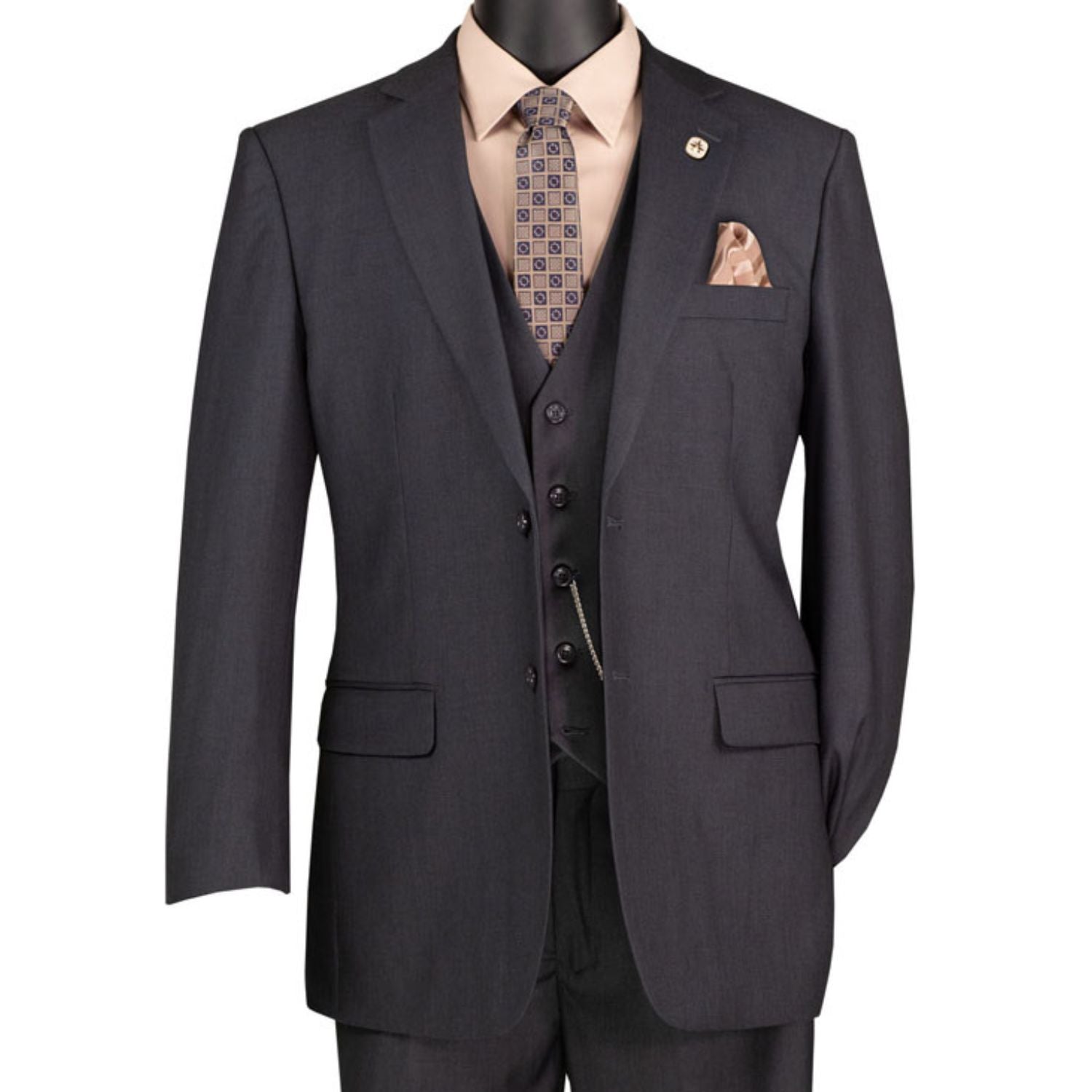 Close-up view of men's heather gray suit fabric, vest, and tailoring details