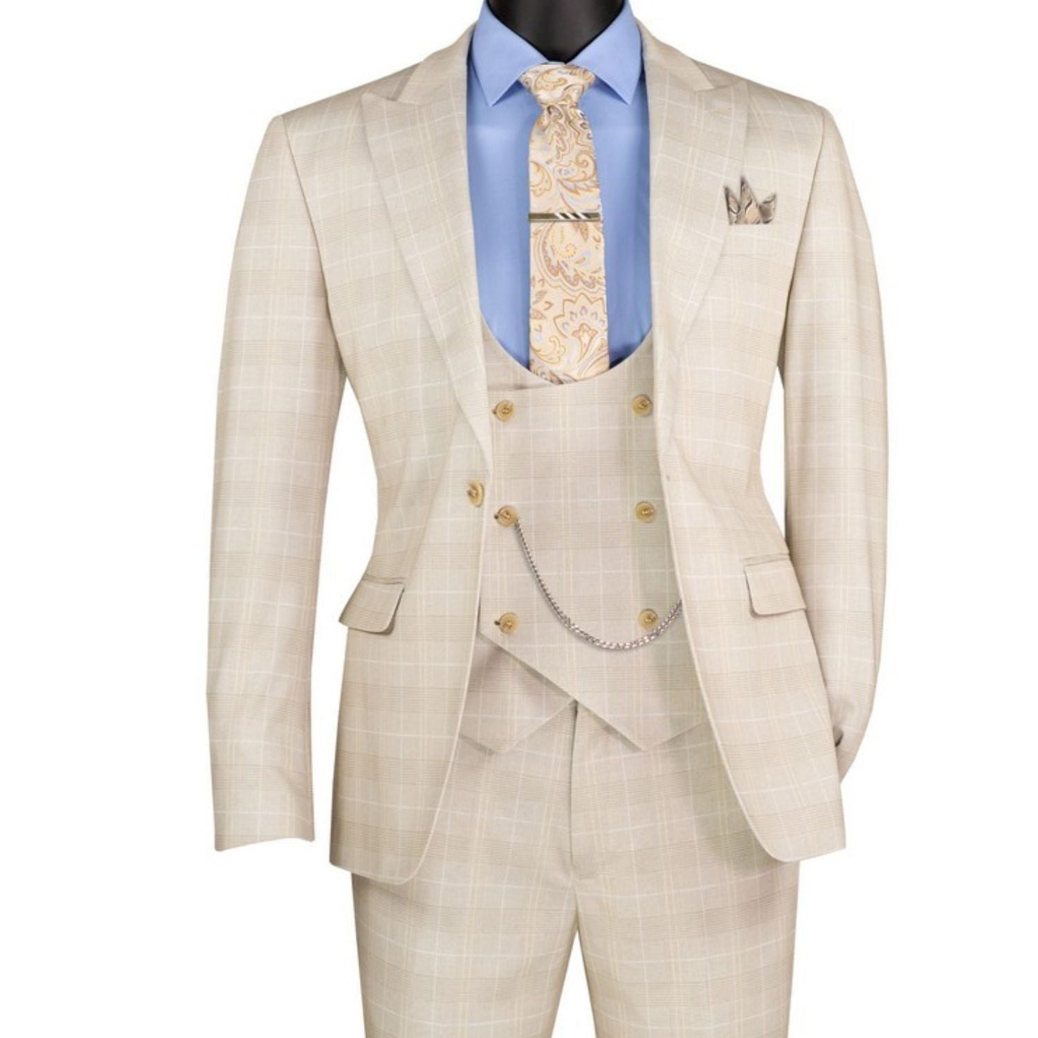 Close-up detail of beige Glen Plaid suit fabric pattern