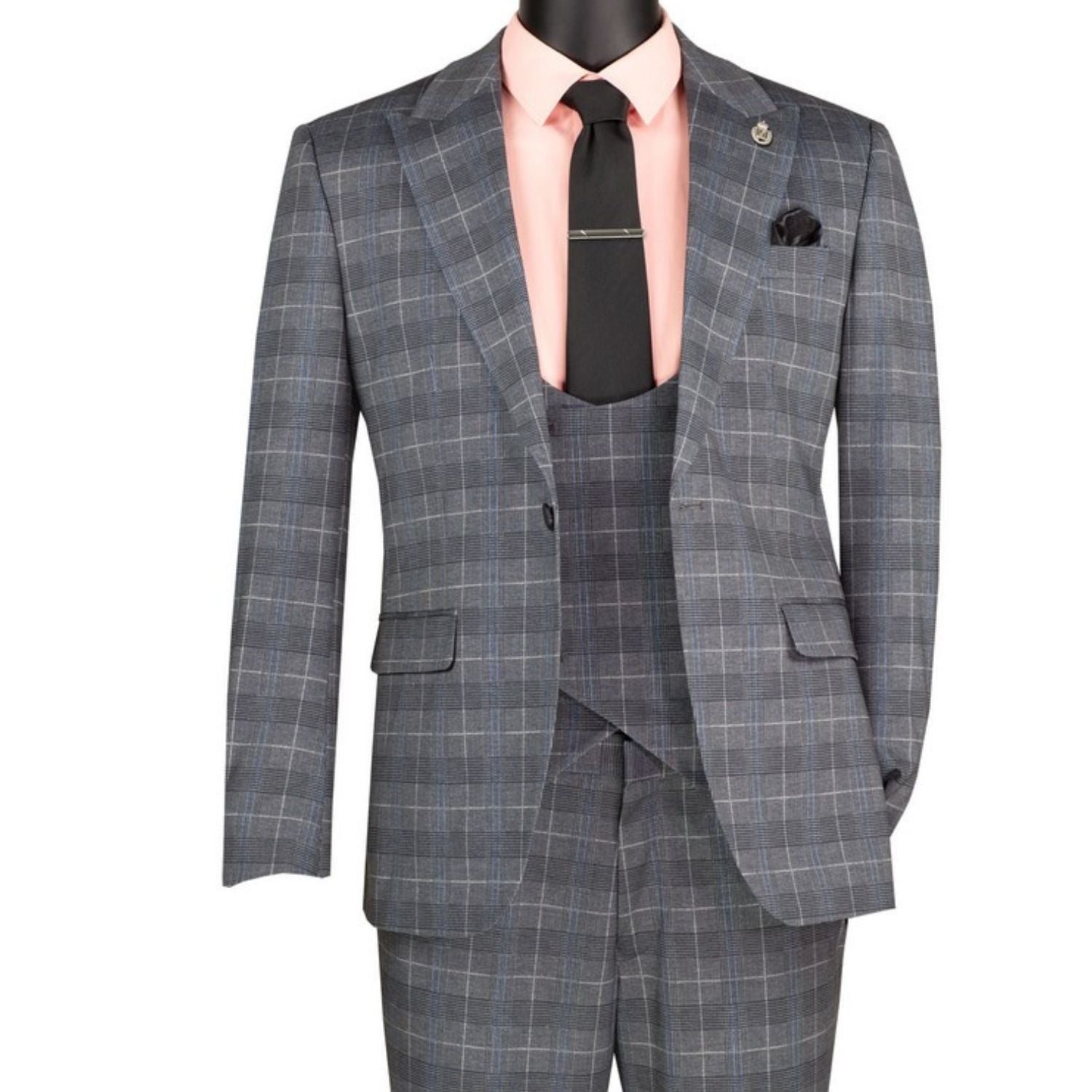 Close-up detail of grey Glen Plaid suit fabric pattern