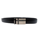 Extended black leather ratchet belt with removable plaque buckle
