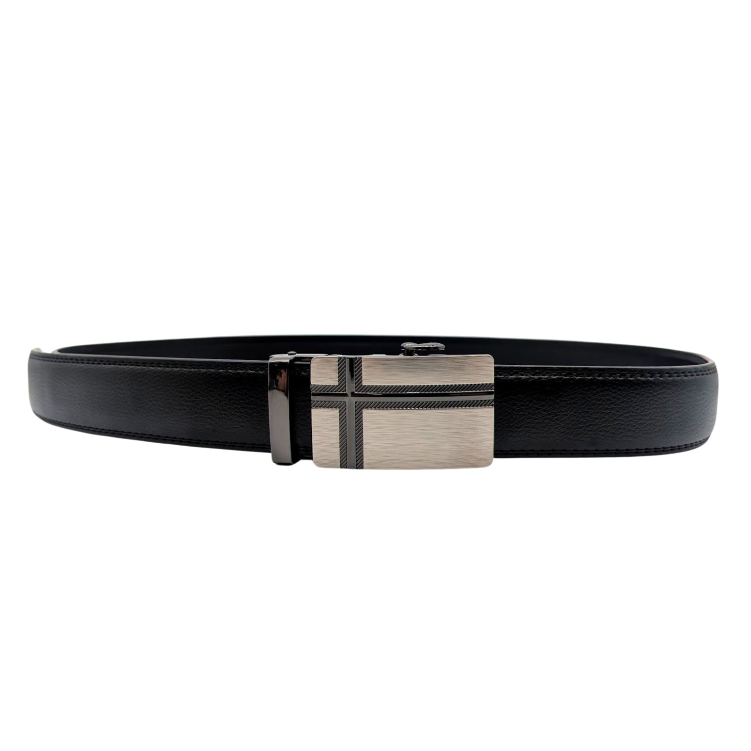Extended black leather ratchet belt with removable plaque buckle