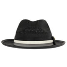 Black Montique fedora hat front view with vented woven crown, black band, white accent stripe, and wide brim