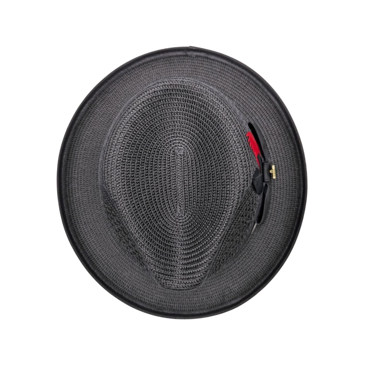 Black Montique fedora hat top view showing pinched crown, woven brim, black bow, and red feather detail