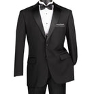 Close-up detail of black tuxedo jacket with bow tie and satin trim styling