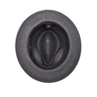 Black Montique fedora hat interior view with woven crown, black sweatband, and branded size label