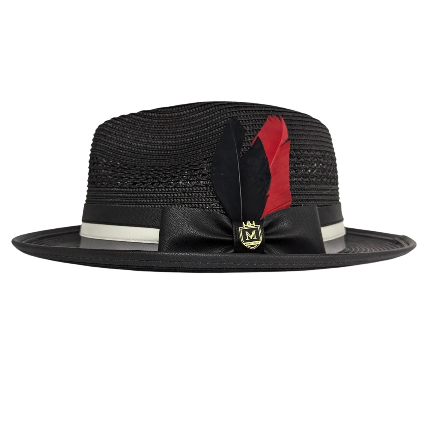 Black Montique fedora hat side view with vented crown, black bow, red and black feathers, and white band accent