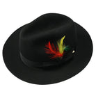 black wool fedora hat with feather accents front view