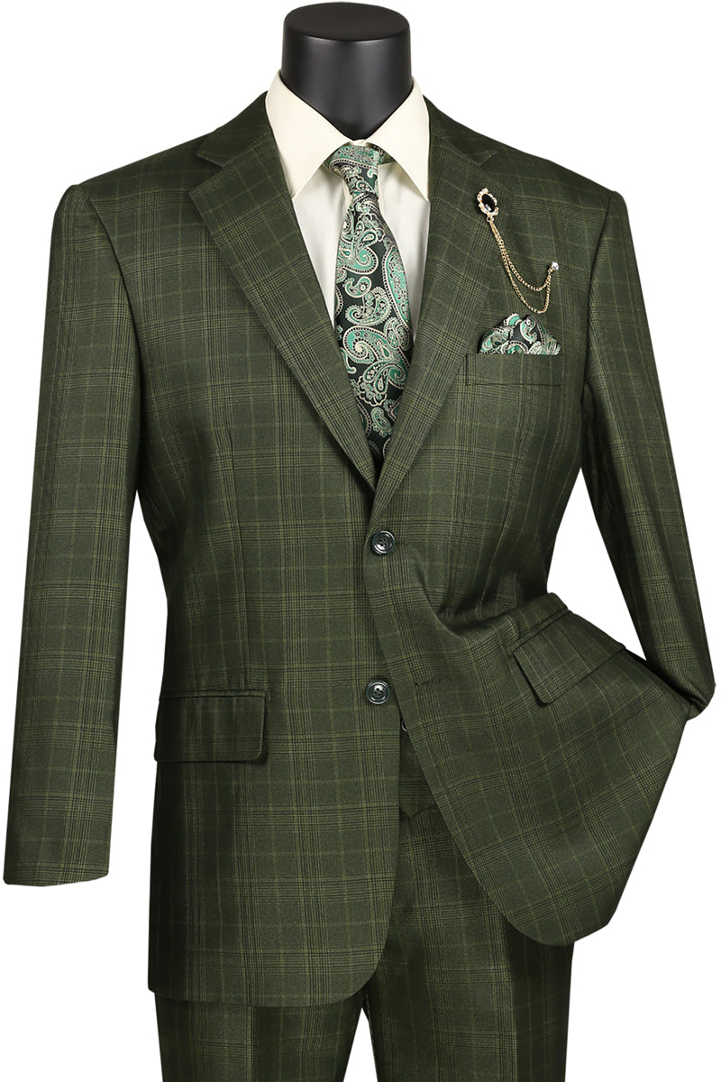 Men’s olive glen plaid 3 piece suit with vest and classic fit