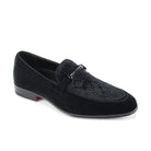 men’s black velvet moc toe bit slip-on loafers with crystal lattice design