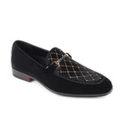 men’s black and gold velvet moc toe bit slip-on loafers with crystal lattice design