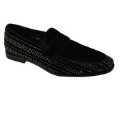 Tarsus Collection: Black & Gold Crystal Studded Velour Moc Toe Smoking Shoes