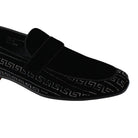 black and silver crystal studded velour moc toe smoking shoe side view close-up