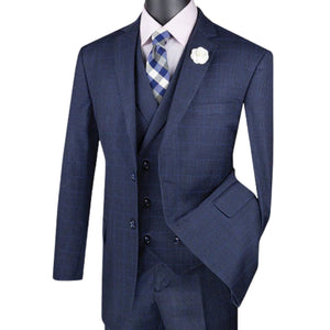 ElegantEcho Collection: Navy 3 Piece Glen Plaid Single Breasted Regular Fit Suit