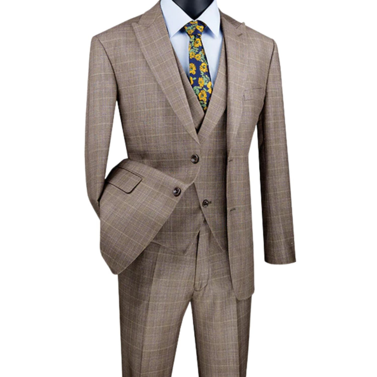 Regular Fit Camel Glen Plaid Three-Piece Suit