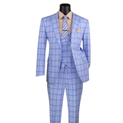 Bellanor Collection: Light Blue 3-Piece Windowpane Modern Fit Suit with Peak Lapel