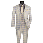 Bellanor Collection: Light Beige 3-Piece Windowpane Modern Fit Suit with Peak Lapel