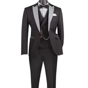 Kraz Collection: Black 3-Piece Single-Breasted 1-Button Peak Lapel Slim Fit Suit - Luxury Wool Feel