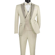 Kraz Collection: Ecru 3-Piece Single-Breasted 1-Button Peak Lapel Slim Fit Suit - Luxury Wool Feel