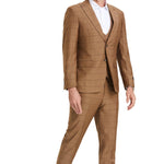 Poseidon Collection: 3-Piece Slim Fit Windowpane Suit For Men In Walnut