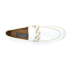 white moc toe leather slip-on shoe with woven strap top view