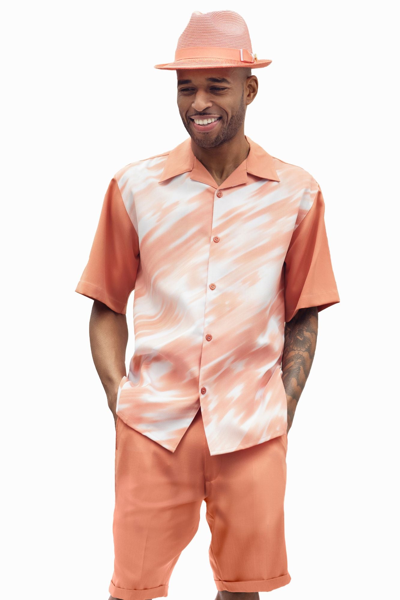 Men's apricot patterned shorts set with classic fit summer outfit styling