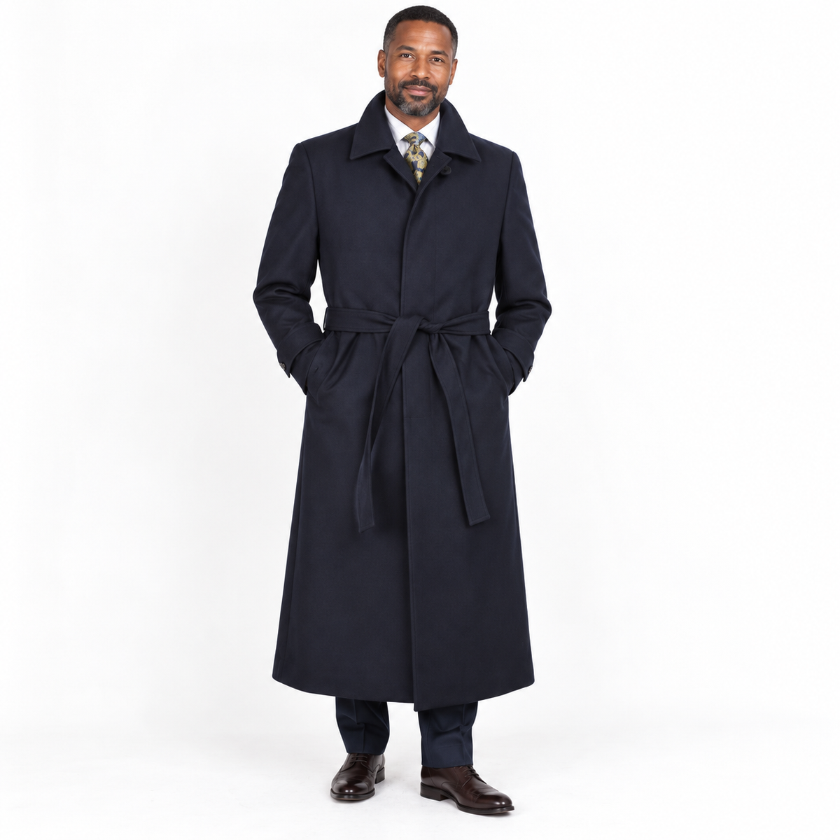 Navy Belted Wool Gabardine Duster Coat - model view