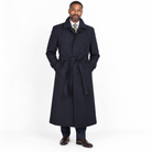 Navy wool duster coat on a model; AI-generated styling view