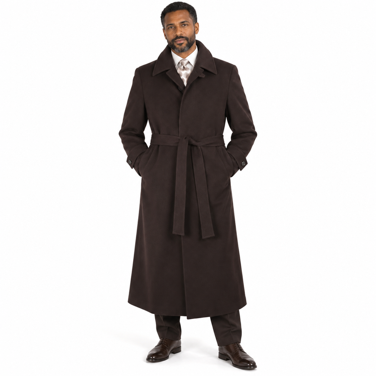 Brown Belted Wool Gabardine Duster Coat - model view