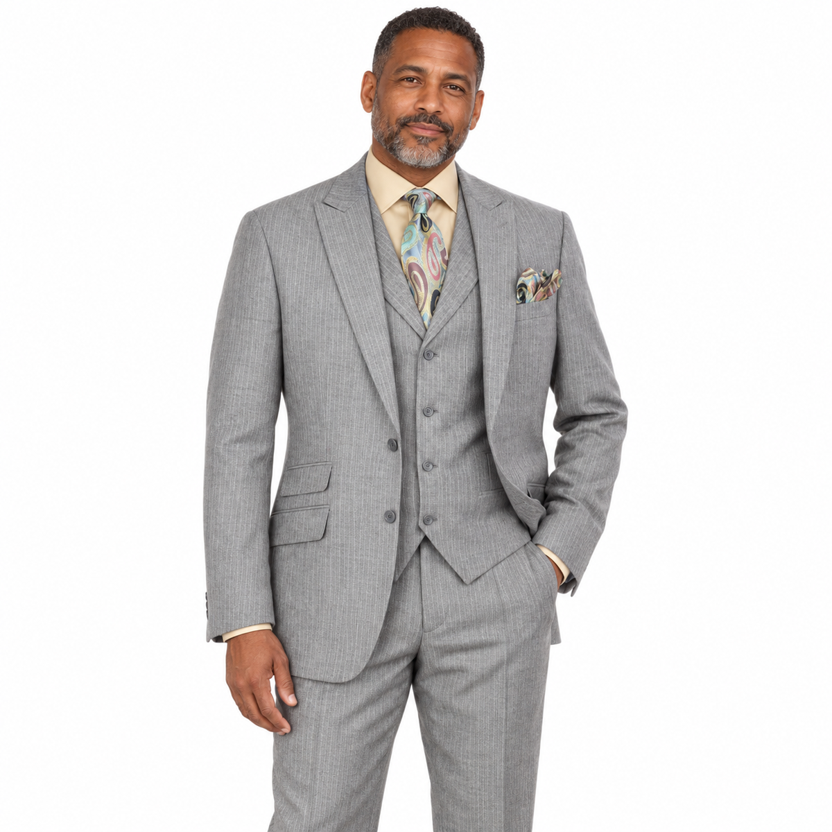 Gray Herringbone 3-Piece 100% Wool Suit with Peak Lapel - model view