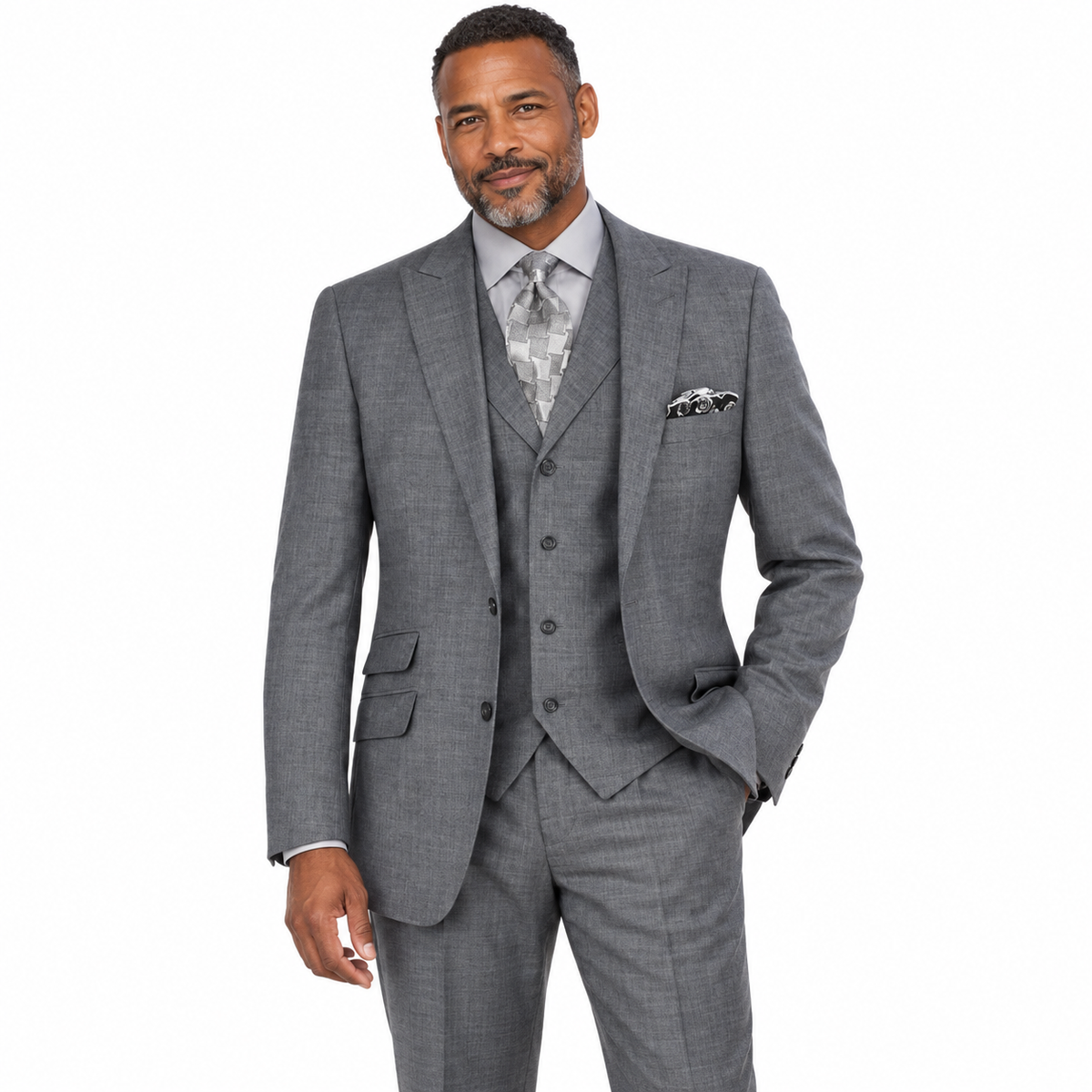 Light Gray 3-Piece 100% Wool Suit with Peak Lapel - model view