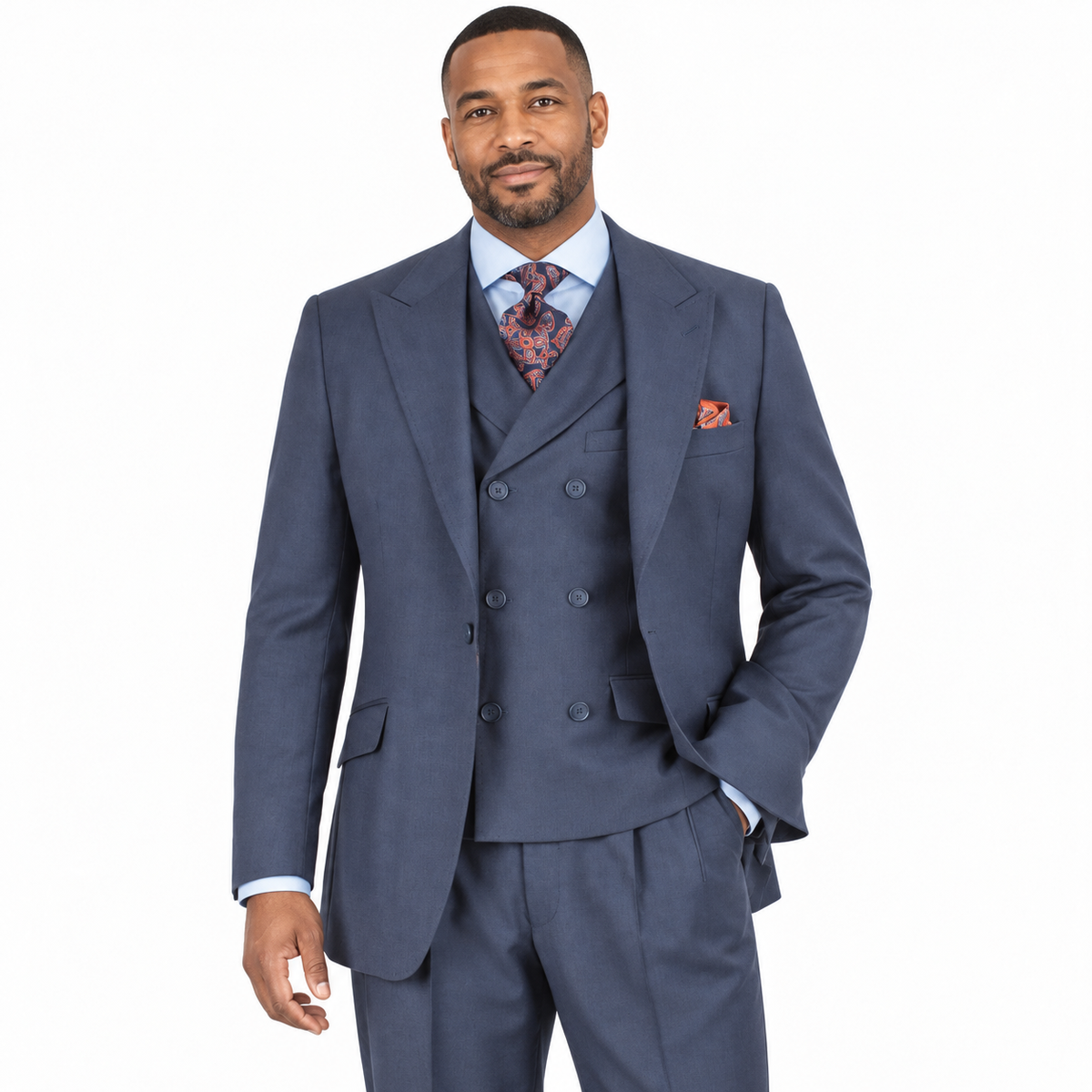 Dusty Blue three-piece wool suit on a model; AI-generated styling view