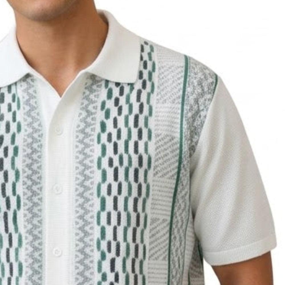 black short sleeve walking suit shirt with textured geometric front detail