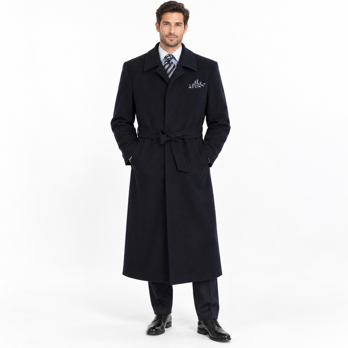 Navy Belted Microfiber Duster Coat - generated model view