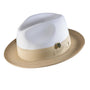 Galanza Collection:  Beige Two-tone Pinch Fedora With Matching Grosgrain Ribbon- Wide Brim H47