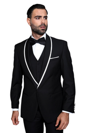 Empire Elegance Collection: Black 3PC Flat Front Pants with Bow Tie 100% Wool Tailored Fit