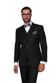Pan Prestige Collection: 3PC Modern Fit Solid Color Suit With Super 150's Italian Wool In Black