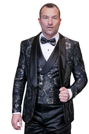Eclipse Elegance Collection: 3PC Modern Fit Shawl Lapel Tuxedo With Woven Fabric In Black