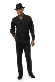 Striated Collection: Montique 2-Piece Tone-on-Tone Long Sleeve Walking Suit Black
