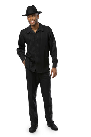 Striated Collection: Montique 2-Piece Tone-on-Tone Long Sleeve Walking Suit Black