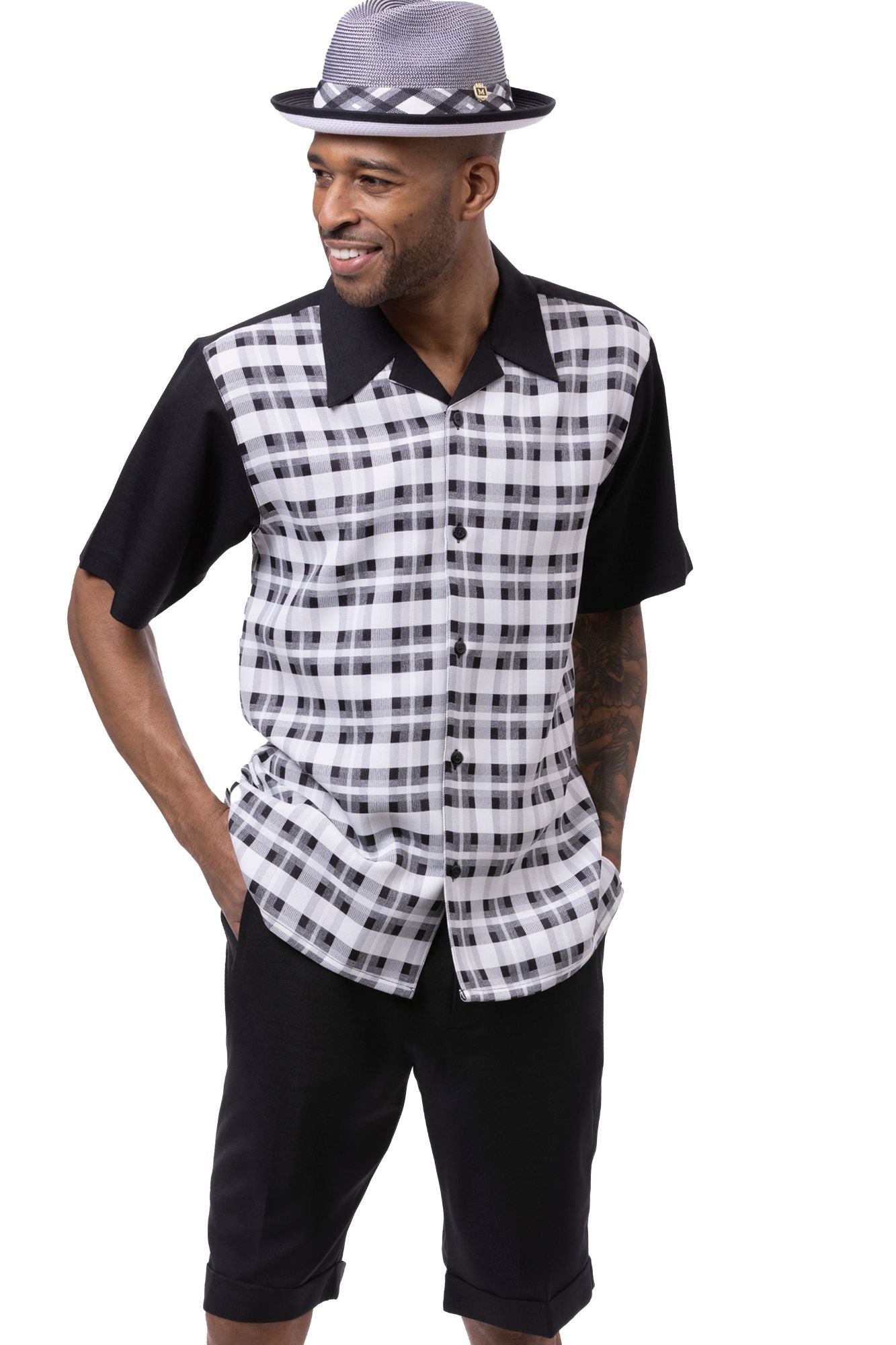 Mens black plaid walking suit short pants set
