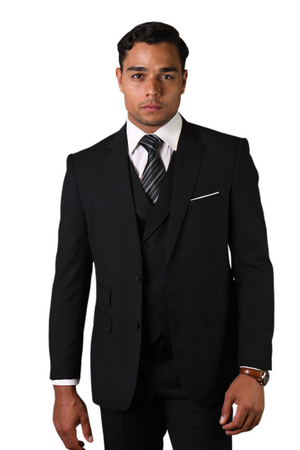 3-Piece Modern Fit Suit with Double Breasted Vest - Black